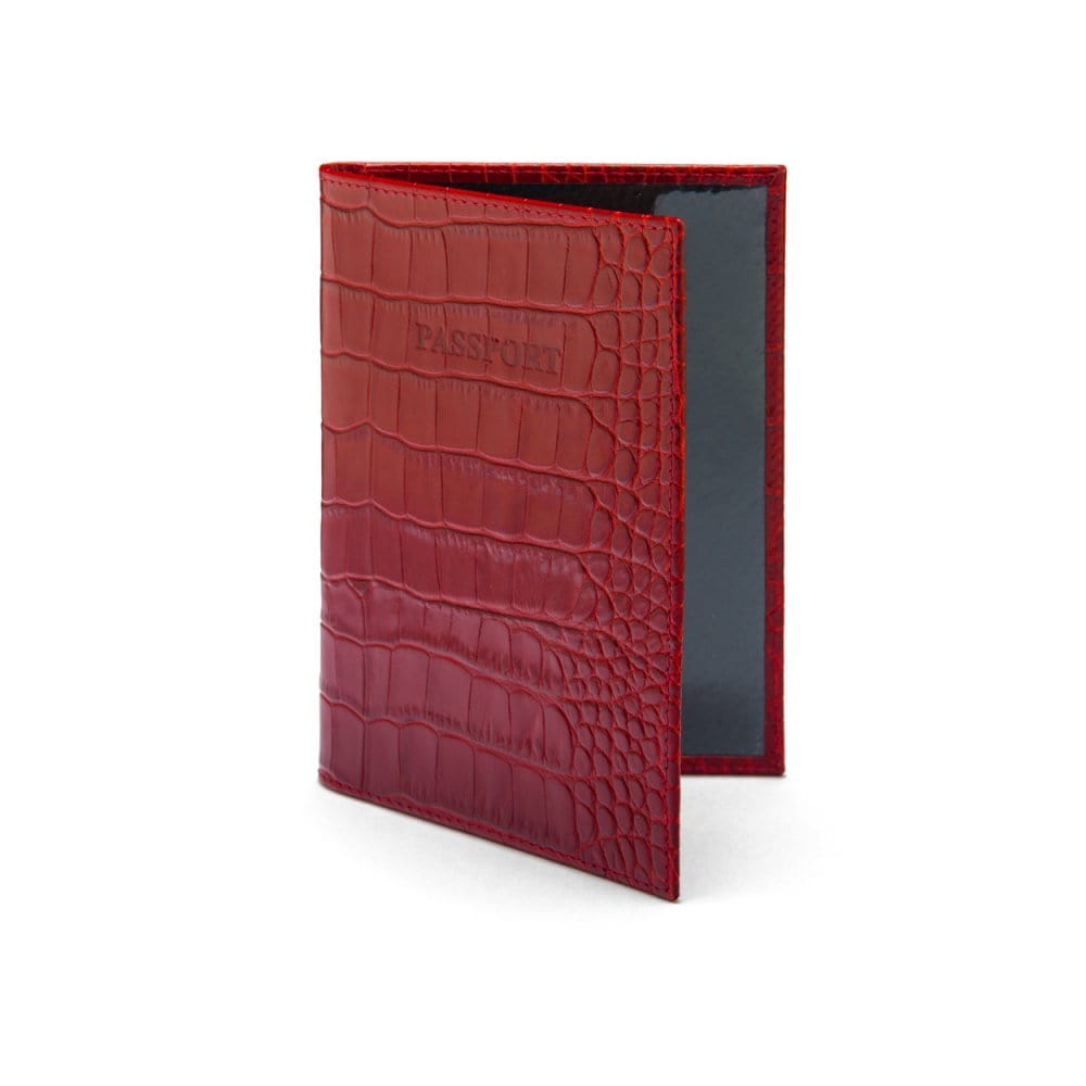 Luxury leather passport cover, red croc, front