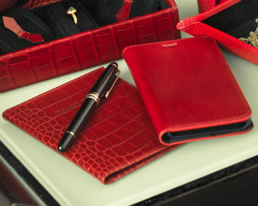 Luxury leather passport cover, red croc, lifestyle
