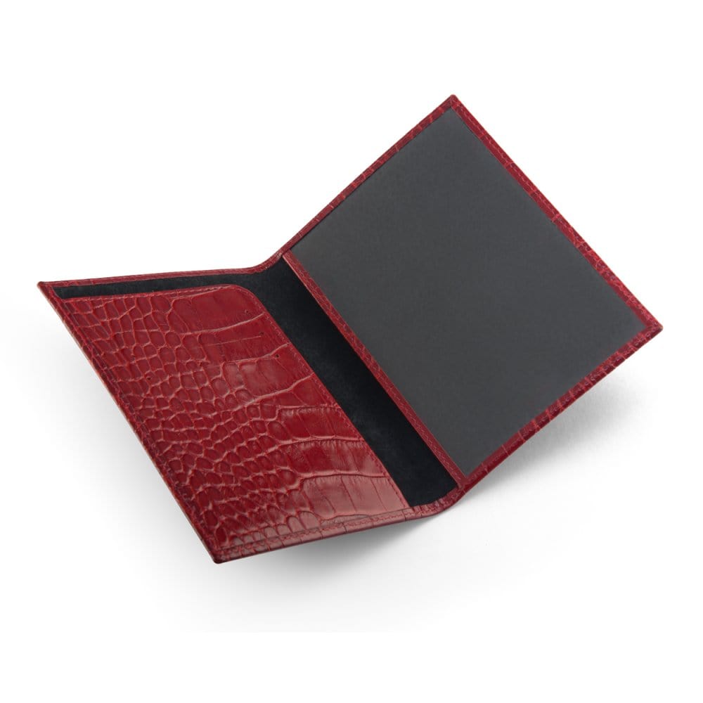 Luxury leather passport cover, red croc, open