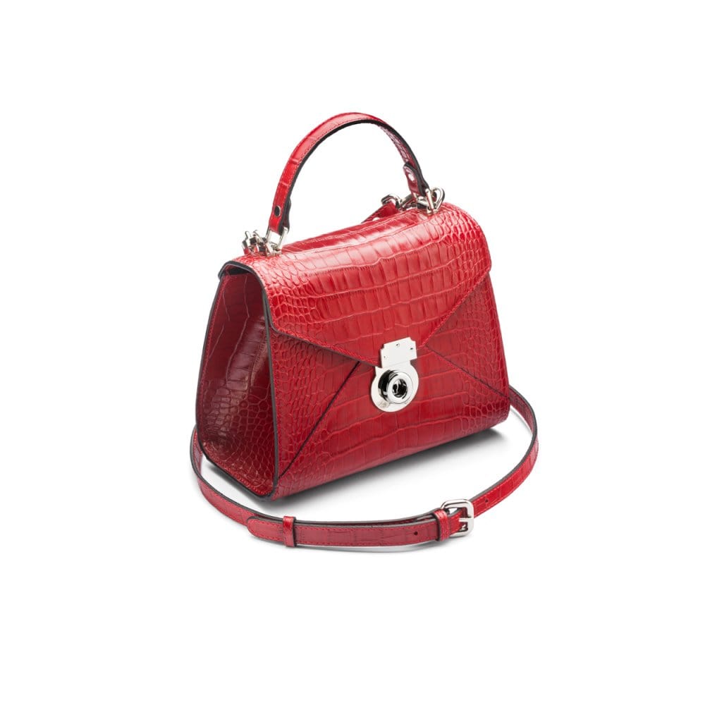 Mini Burnett small top handle bag, red croc, side view