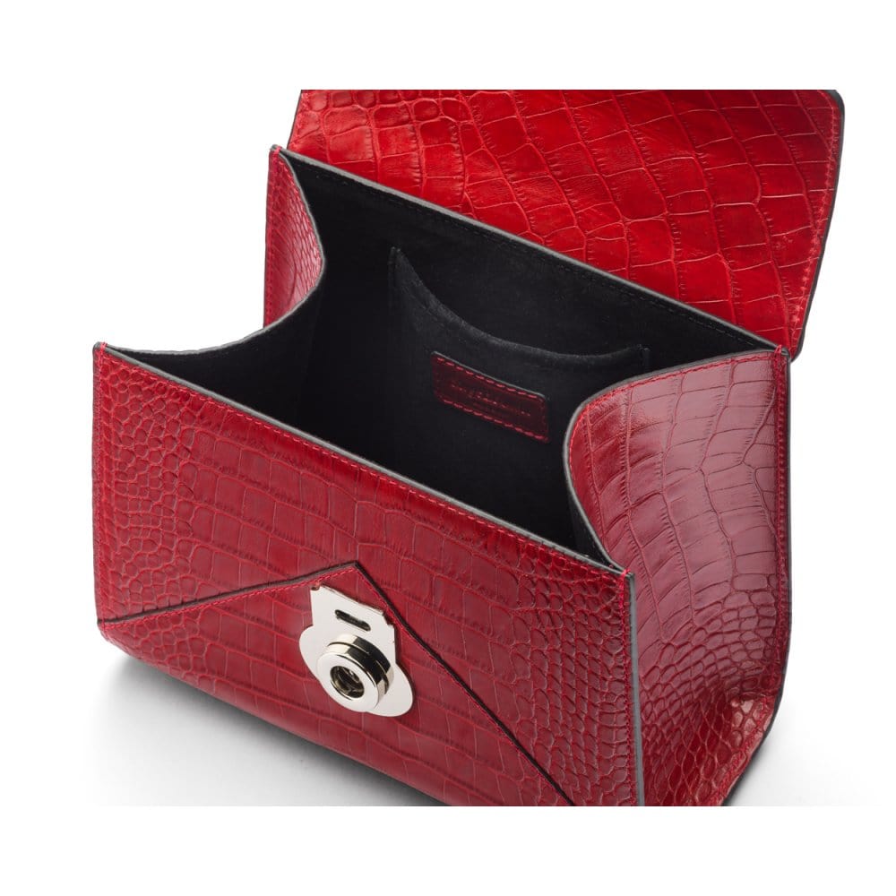 Mini Burnett small top handle bag, red croc, inside view