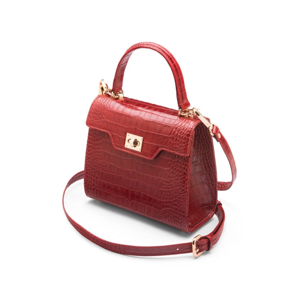 Mini leather Morgan Bag, top handle bag, red croc, side view