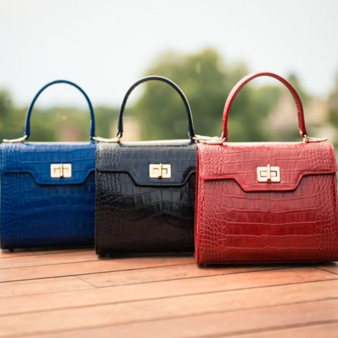 Mini leather Morgan Bag, top handle bag, red croc, lifestyle