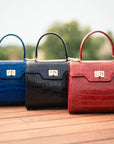 Mini leather Morgan Bag, top handle bag, red croc, lifestyle