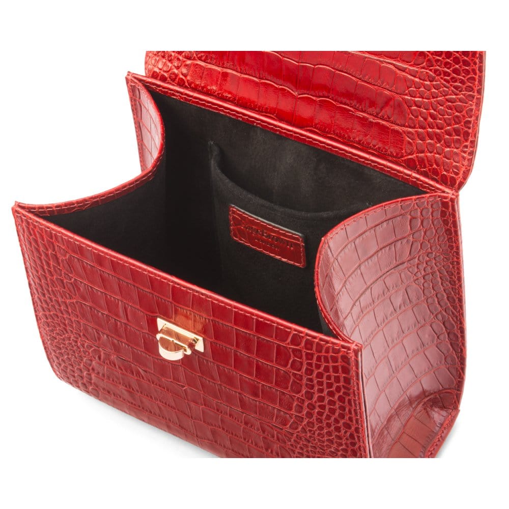 Mini leather Morgan Bag, top handle bag, red croc, inside