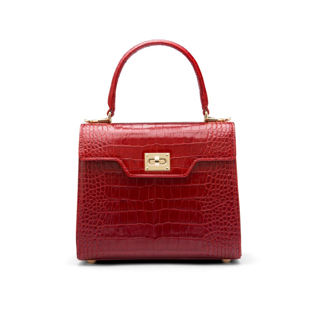Mini leather Morgan Bag, top handle bag, red croc, front