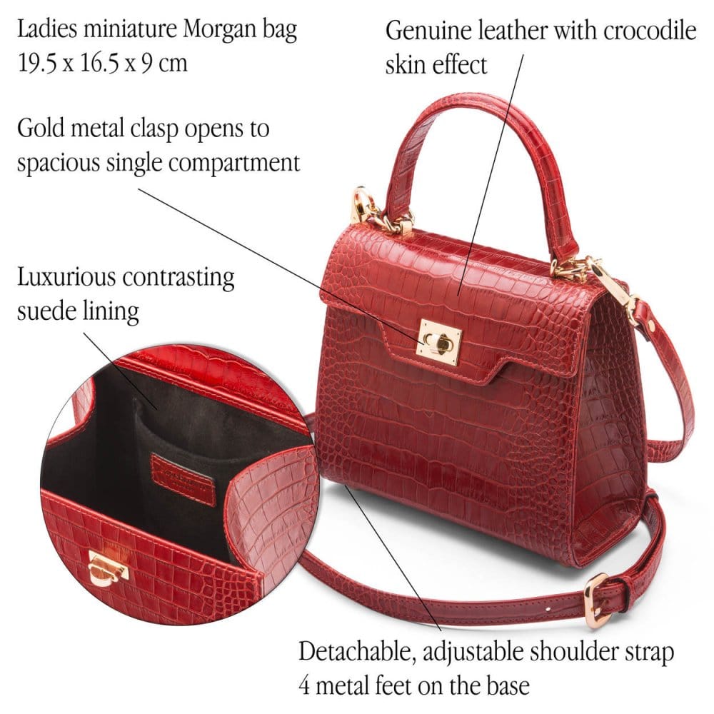 Mini leather Morgan Bag, top handle bag, red croc, features