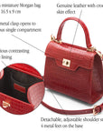 Mini leather Morgan Bag, top handle bag, red croc, features