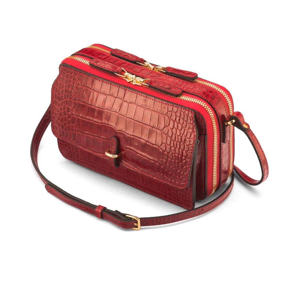 Compact crossbody bag, red croc, side