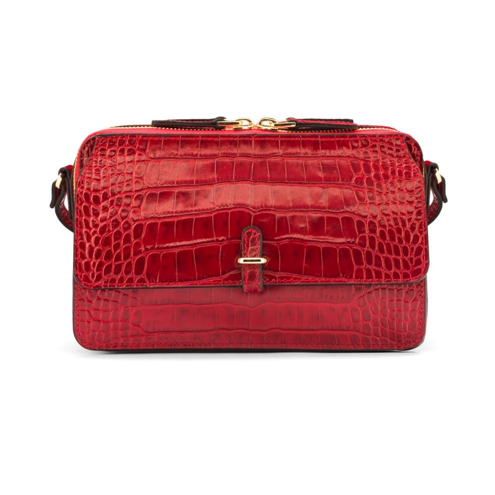 Compact crossbody bag, red croc, front