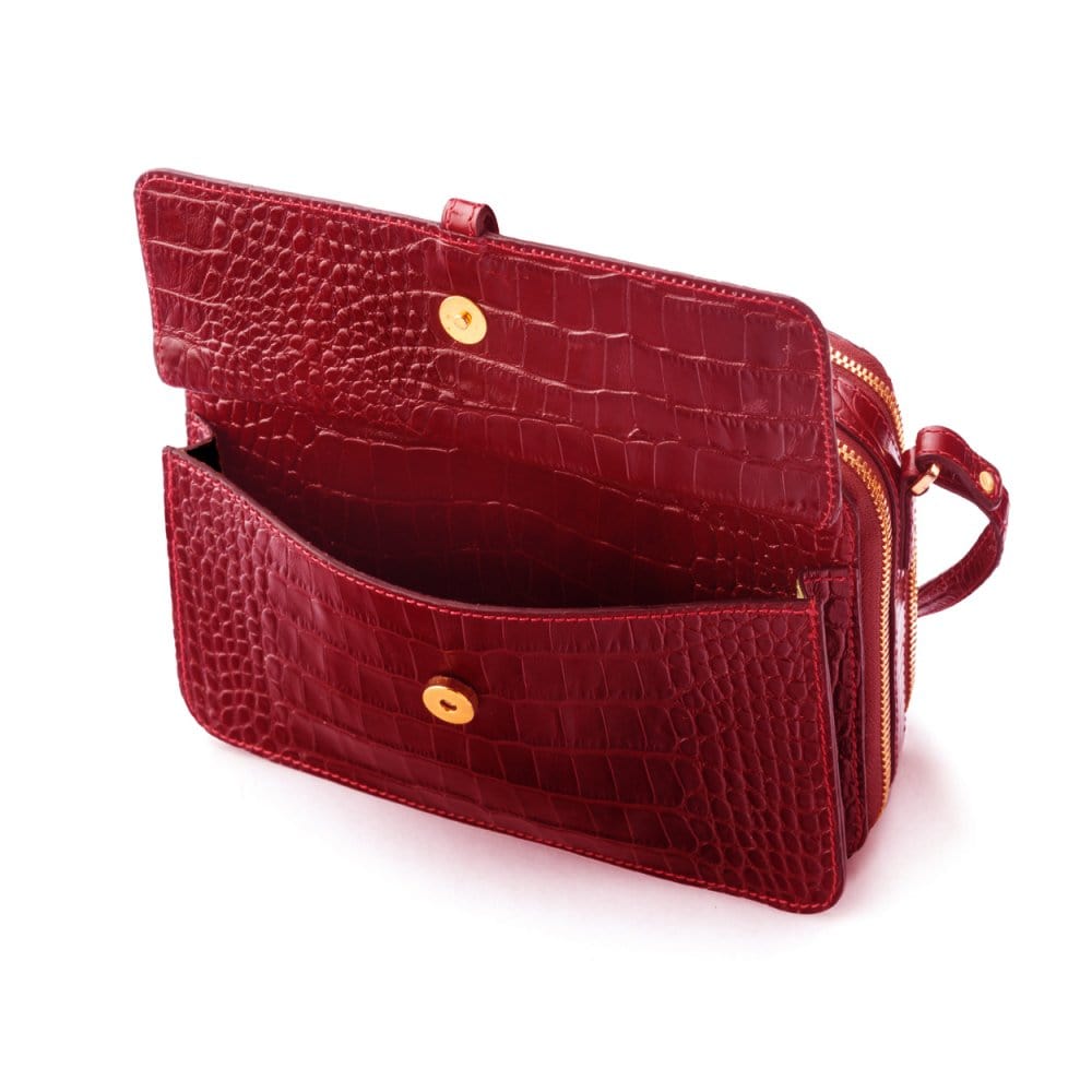 Compact crossbody bag, red croc, front pocket