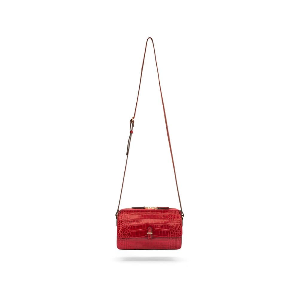Compact crossbody bag, red croc, shoulder strap