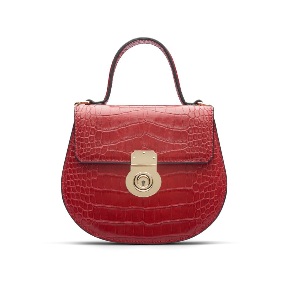 Leather rounded bottom top handle bag, red croc, front