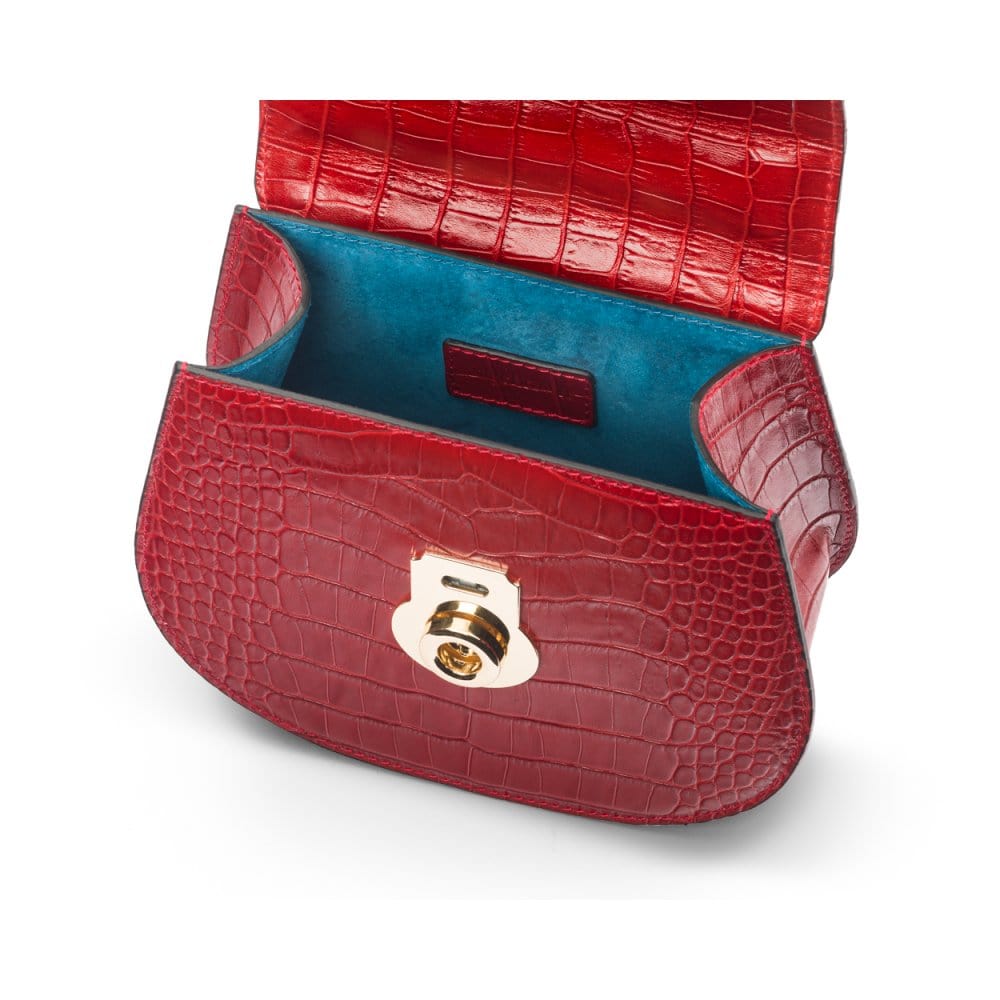 Leather rounded bottom top handle bag, red croc, inside