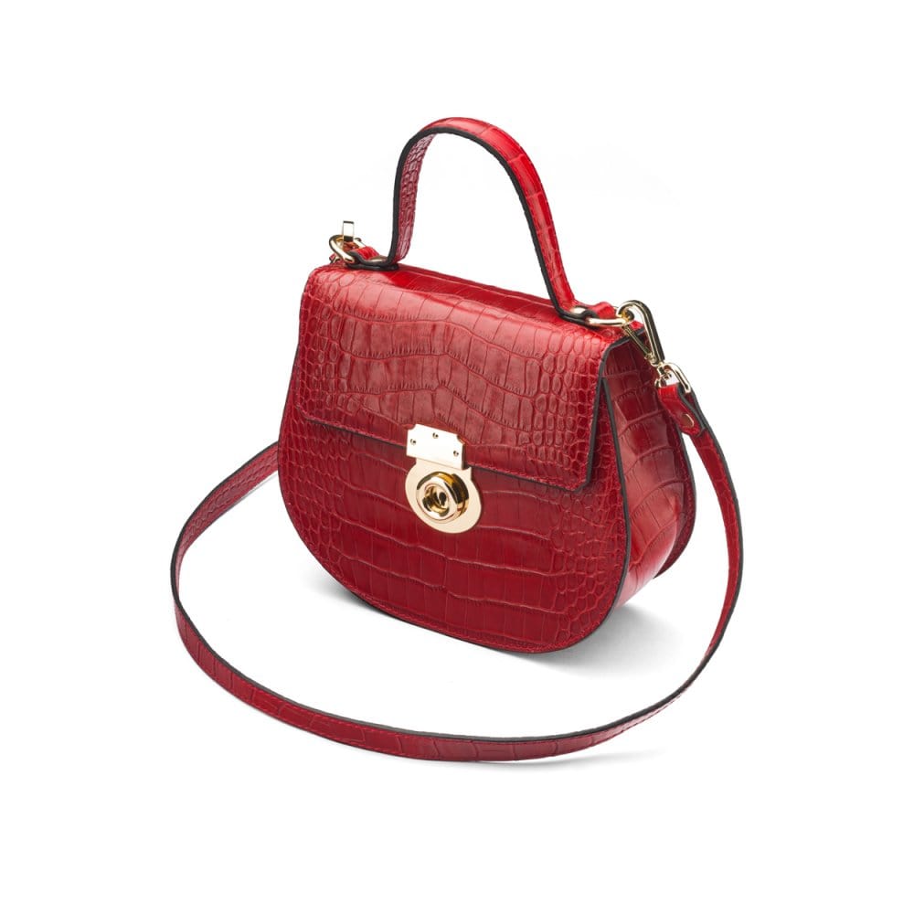Leather rounded bottom top handle bag, red croc, side