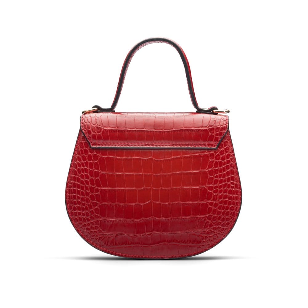 Leather rounded bottom top handle bag, red croc, back