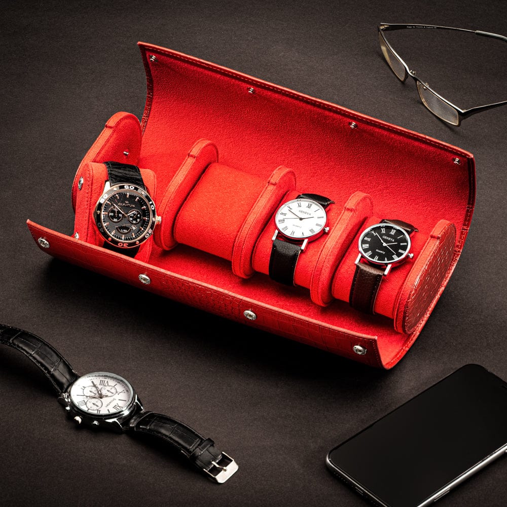 Quadruple watch roll. red croc, lifestyle