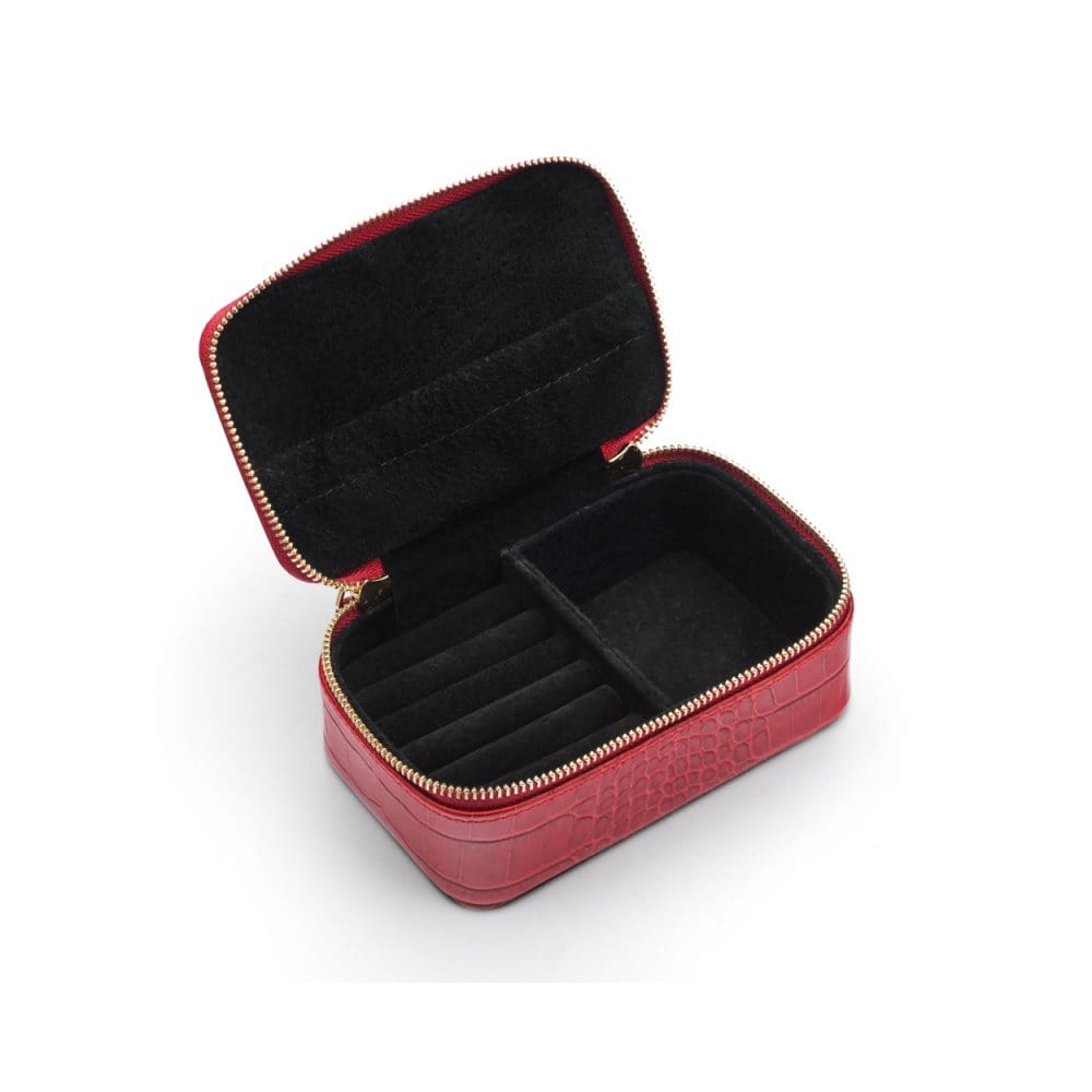 Zip around jewellery case, red croc, open