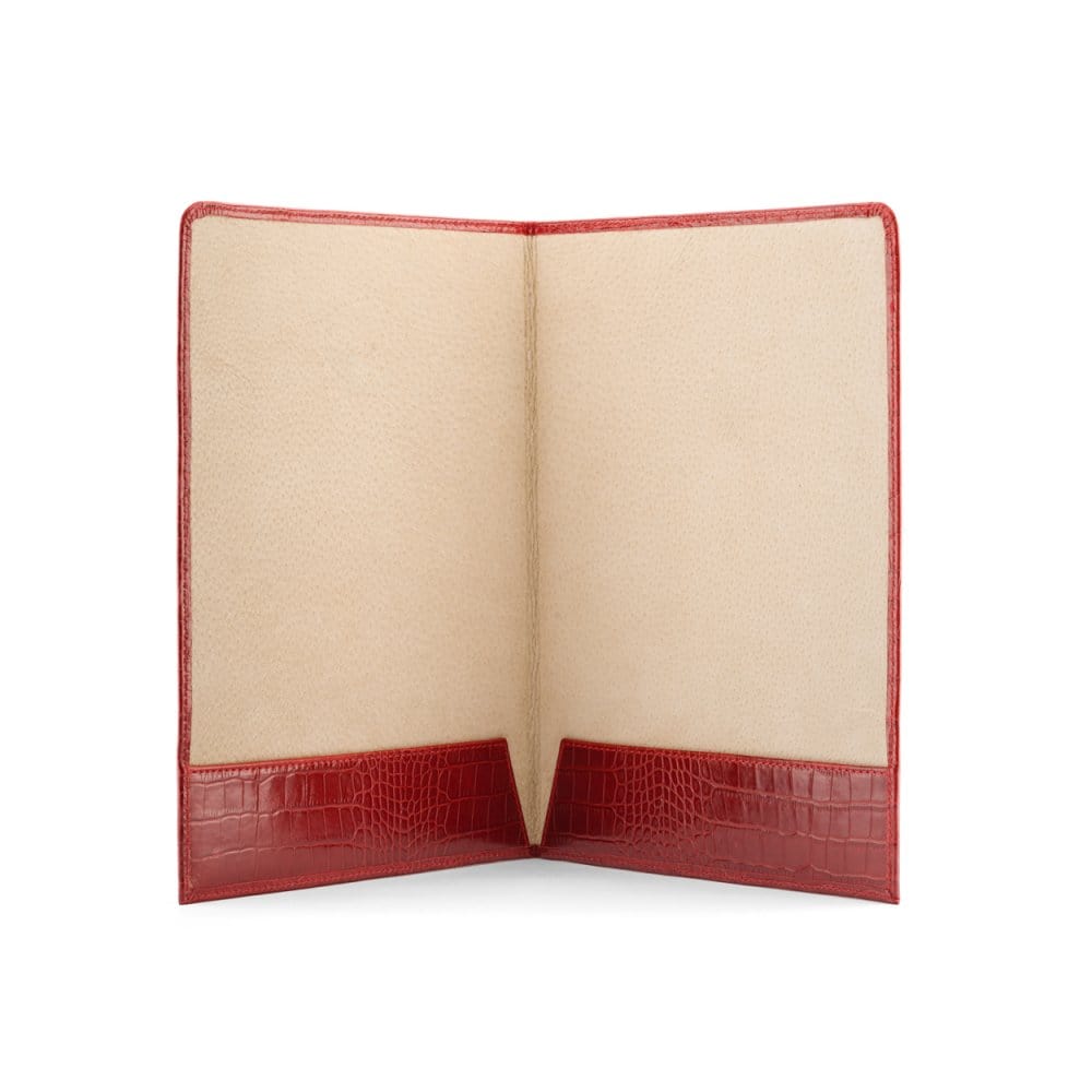 Simple leather document folder, red croc, open