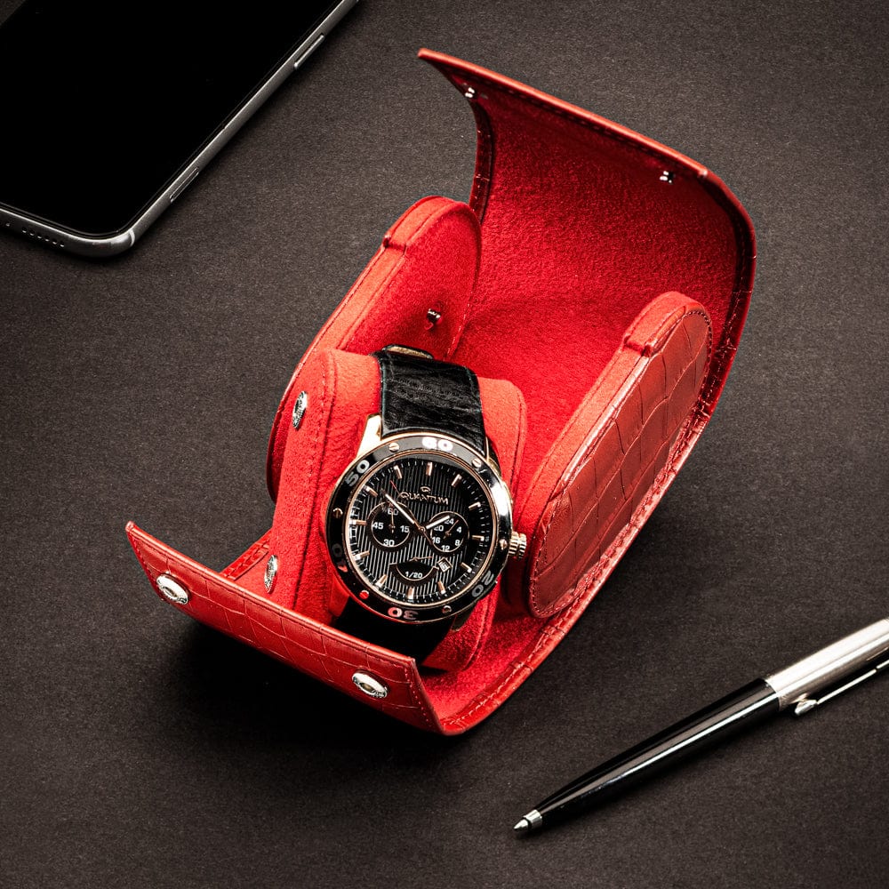 Single watch roll, red croc, lifestyle