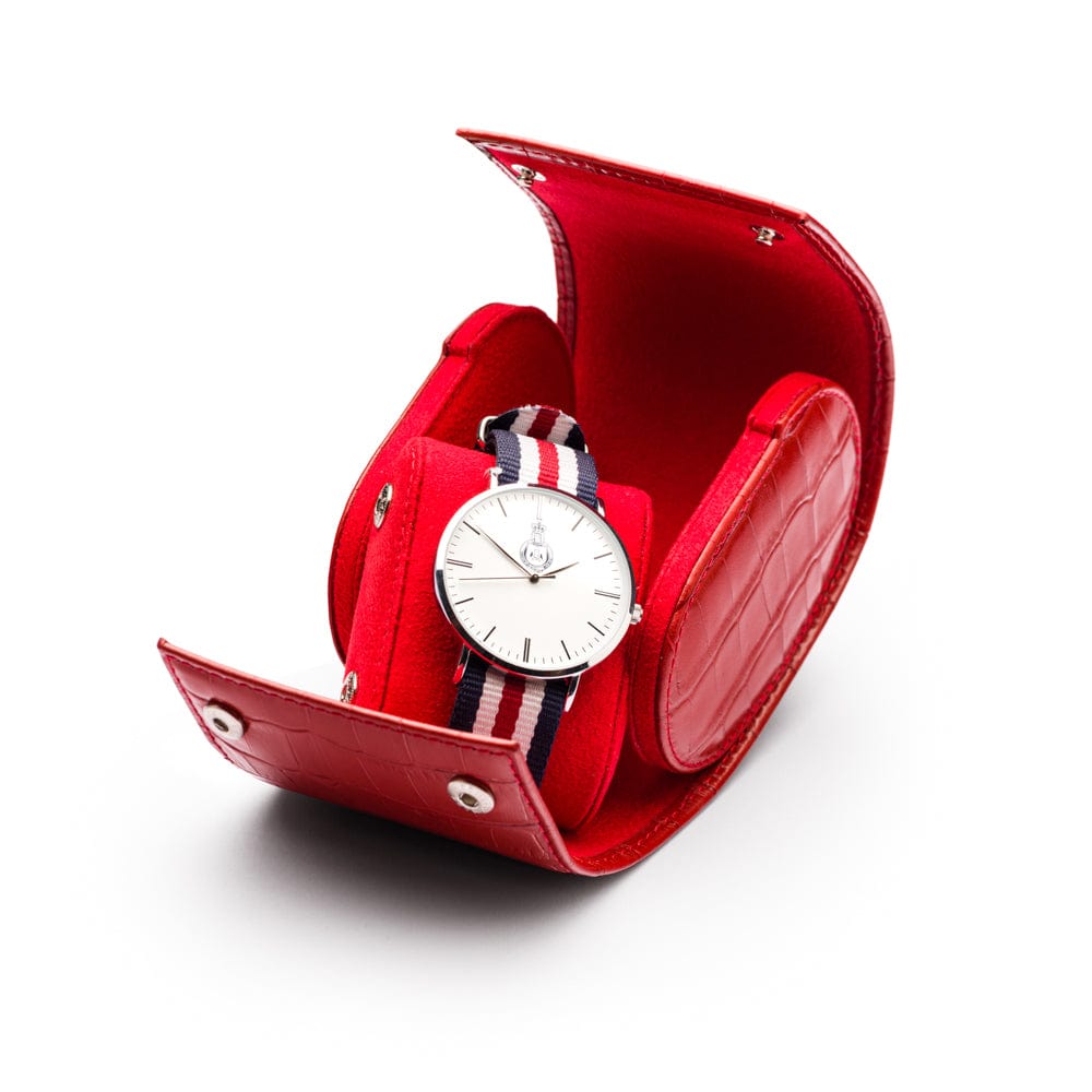 Single watch roll, red croc, with detachable pad