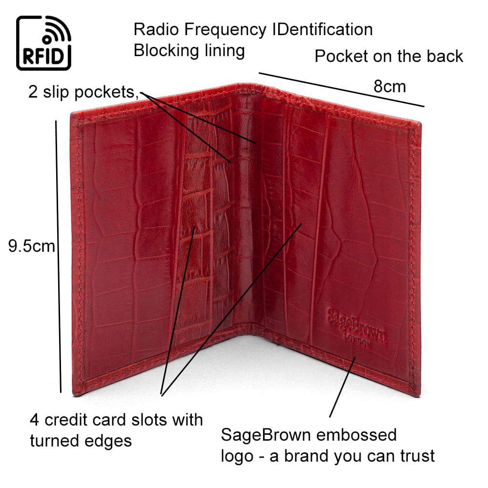 RFID leather credit card holder, red croc, features