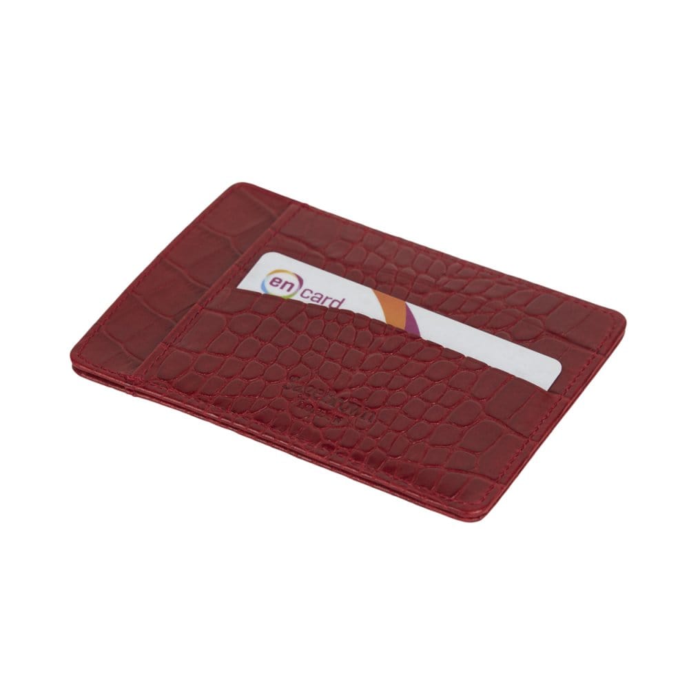 Flat leather credit card holder, red croc, back
