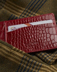 Flat leather credit card holder, red croc, lifestyle