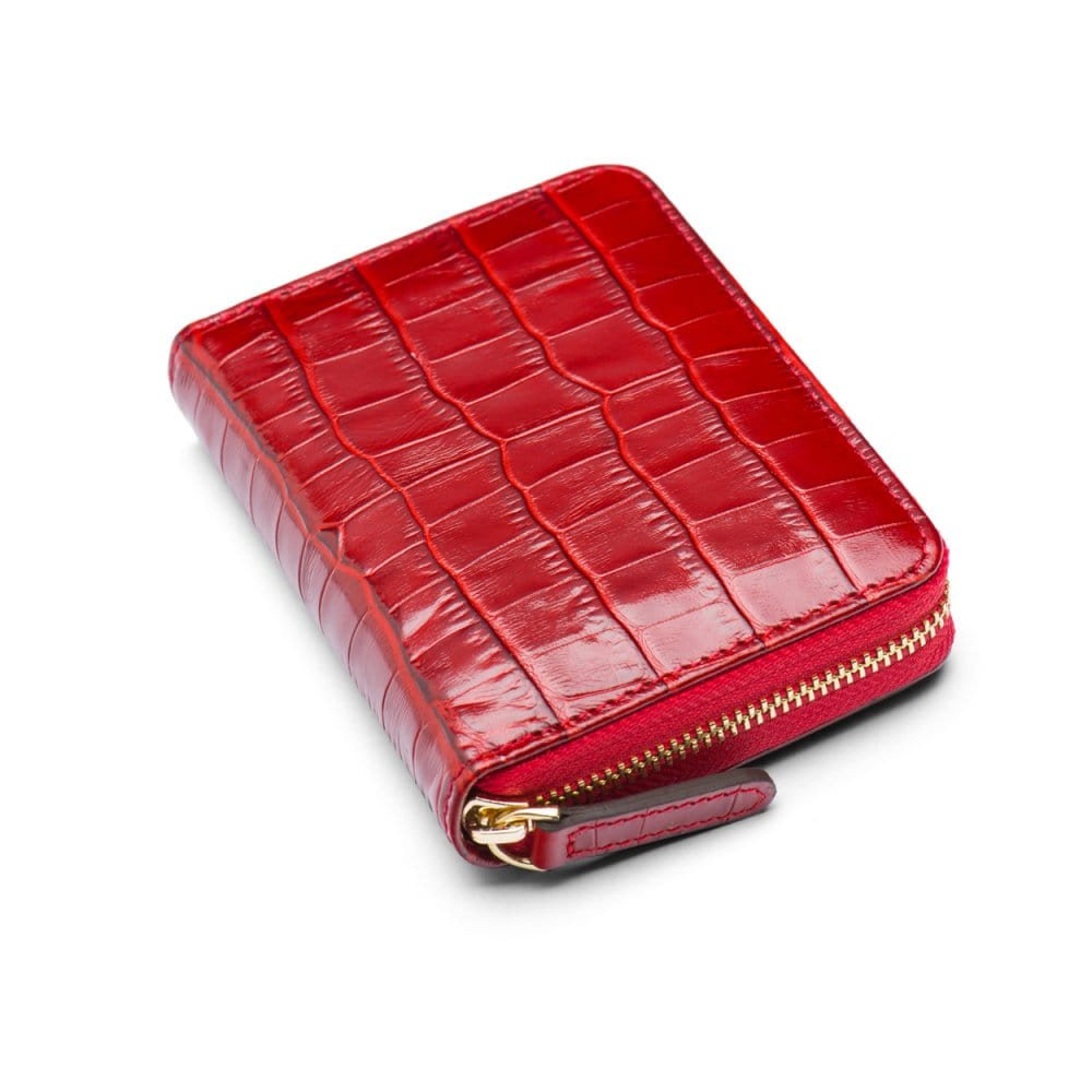 Small leather zip around accordion coin purse, red croc, front