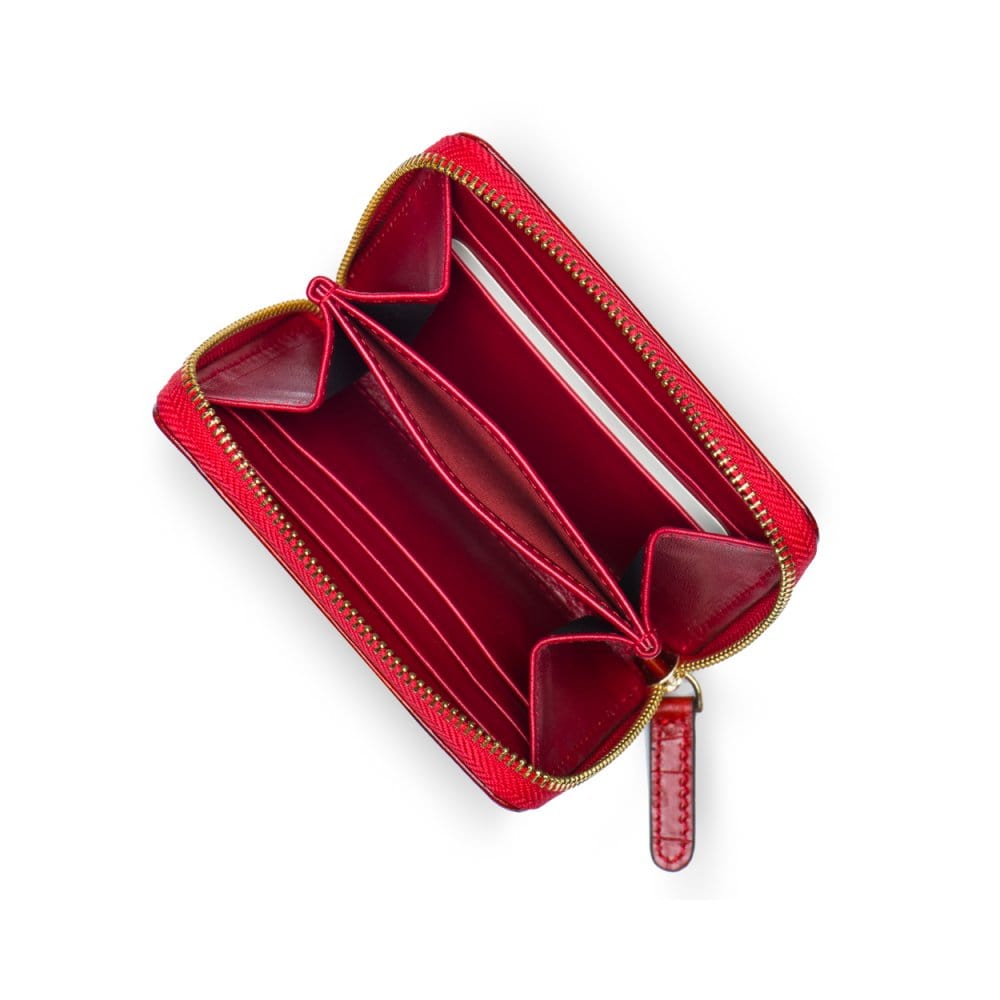 Small leather zip around accordion coin purse, red croc, open