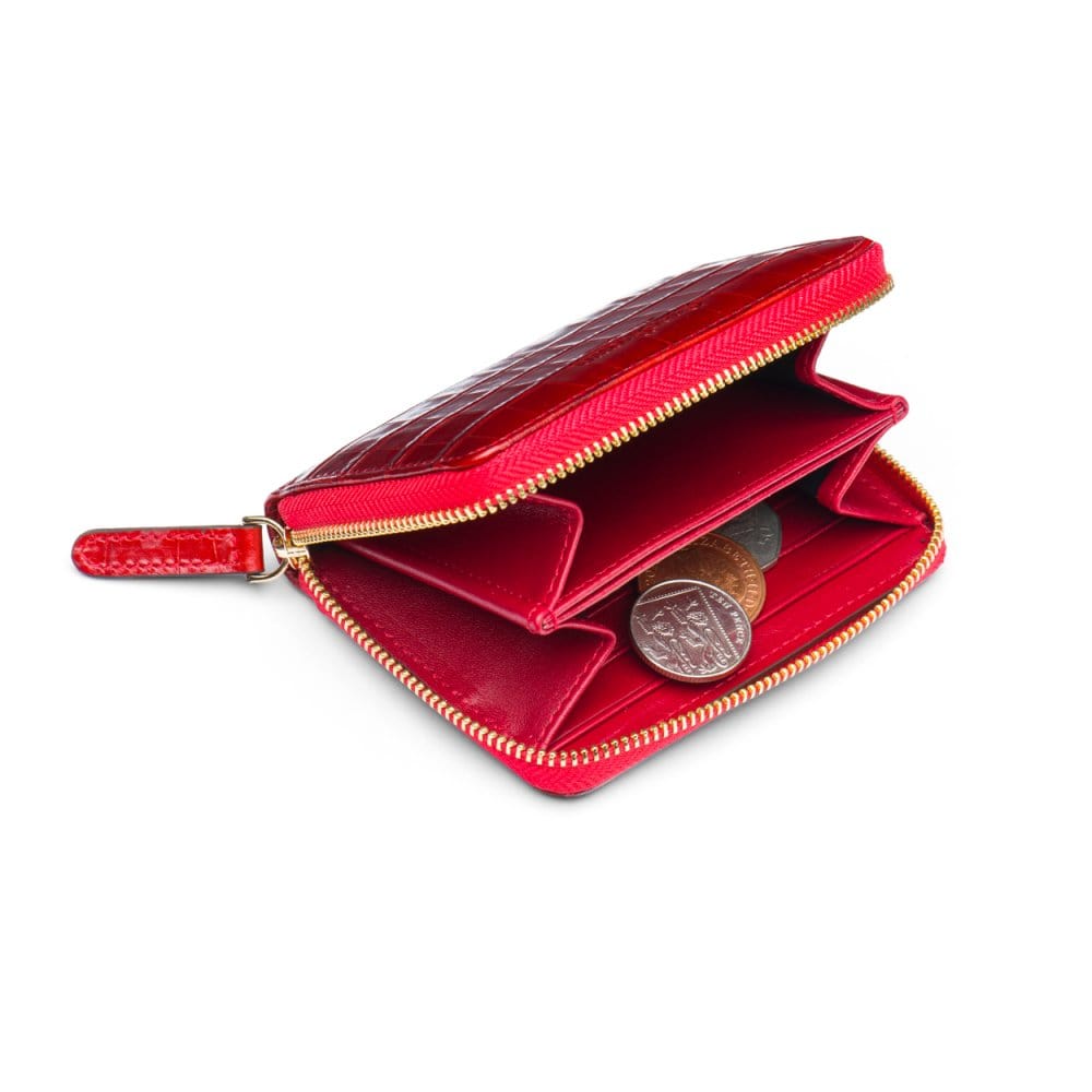 Small leather zip around accordion coin purse, red croc, interior