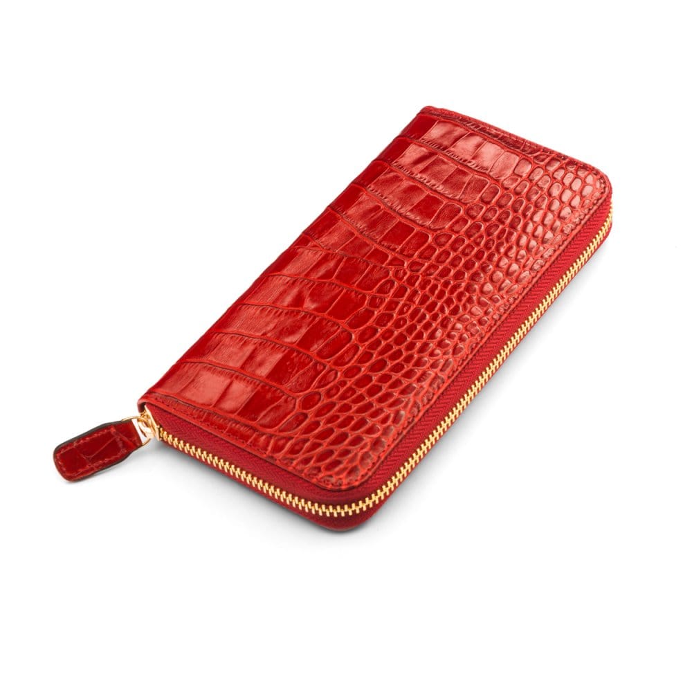 Tall leather zip around accordion purse, red croc, front