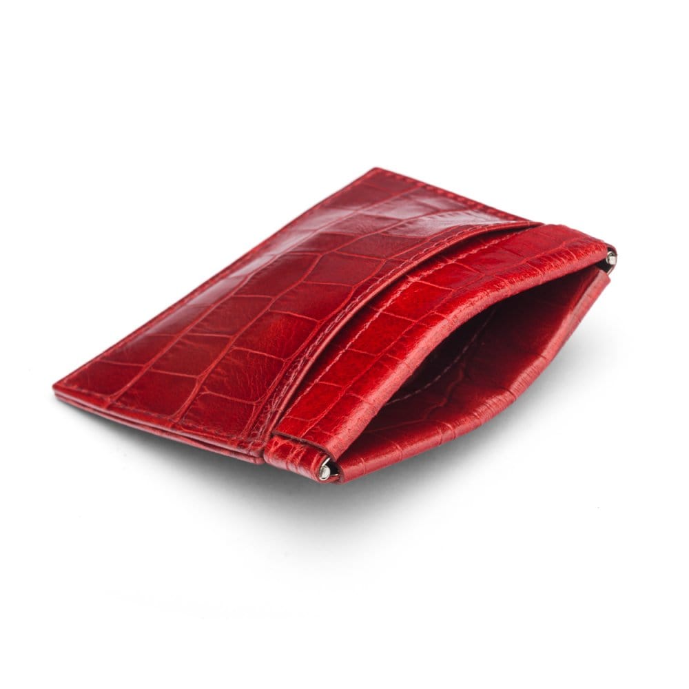Leather squeeze spring coin purse, red croc, open