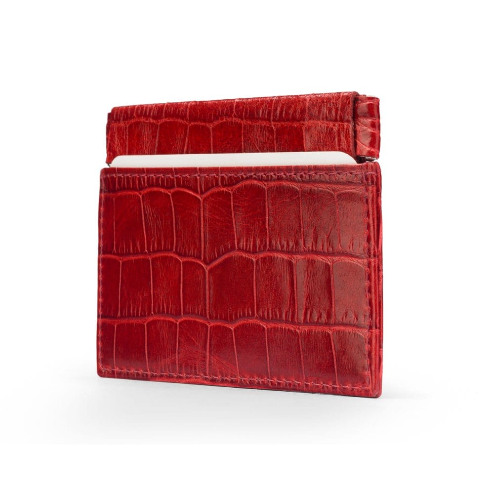 Leather squeeze spring coin purse, red croc, side