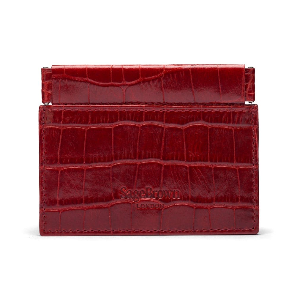 Leather squeeze spring coin purse, red croc, back