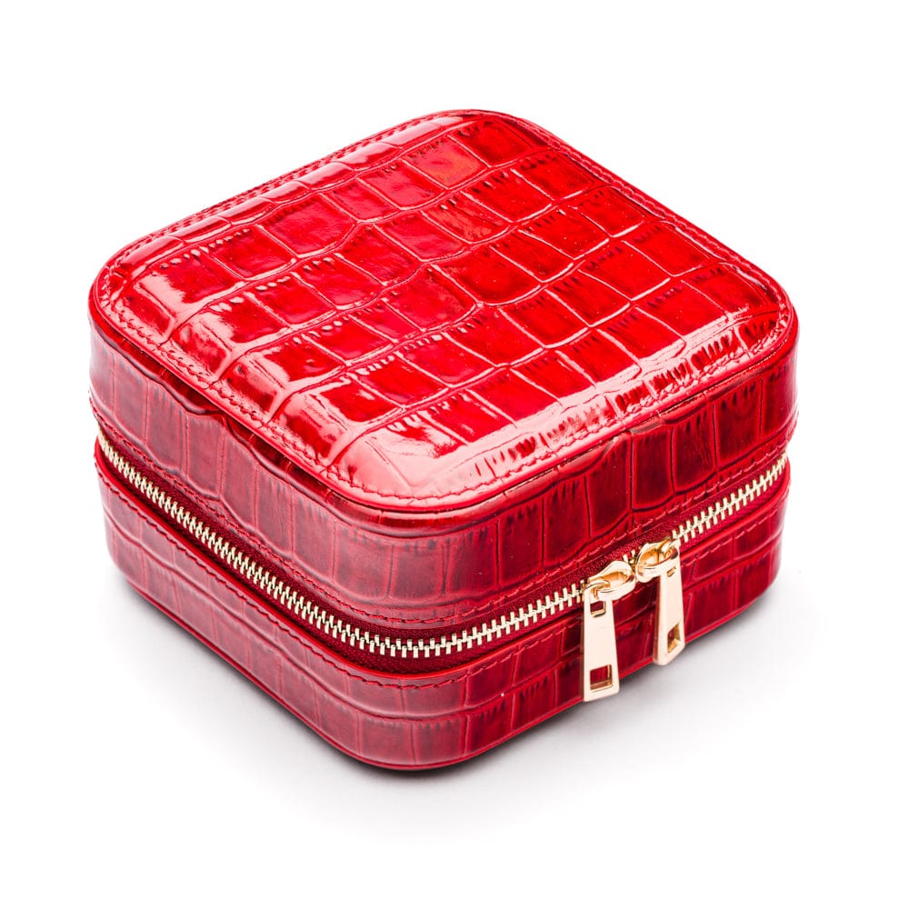 Leather travel jewellery case with zip, red croc, side view