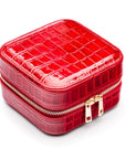 Leather travel jewellery case with zip, red croc, side view