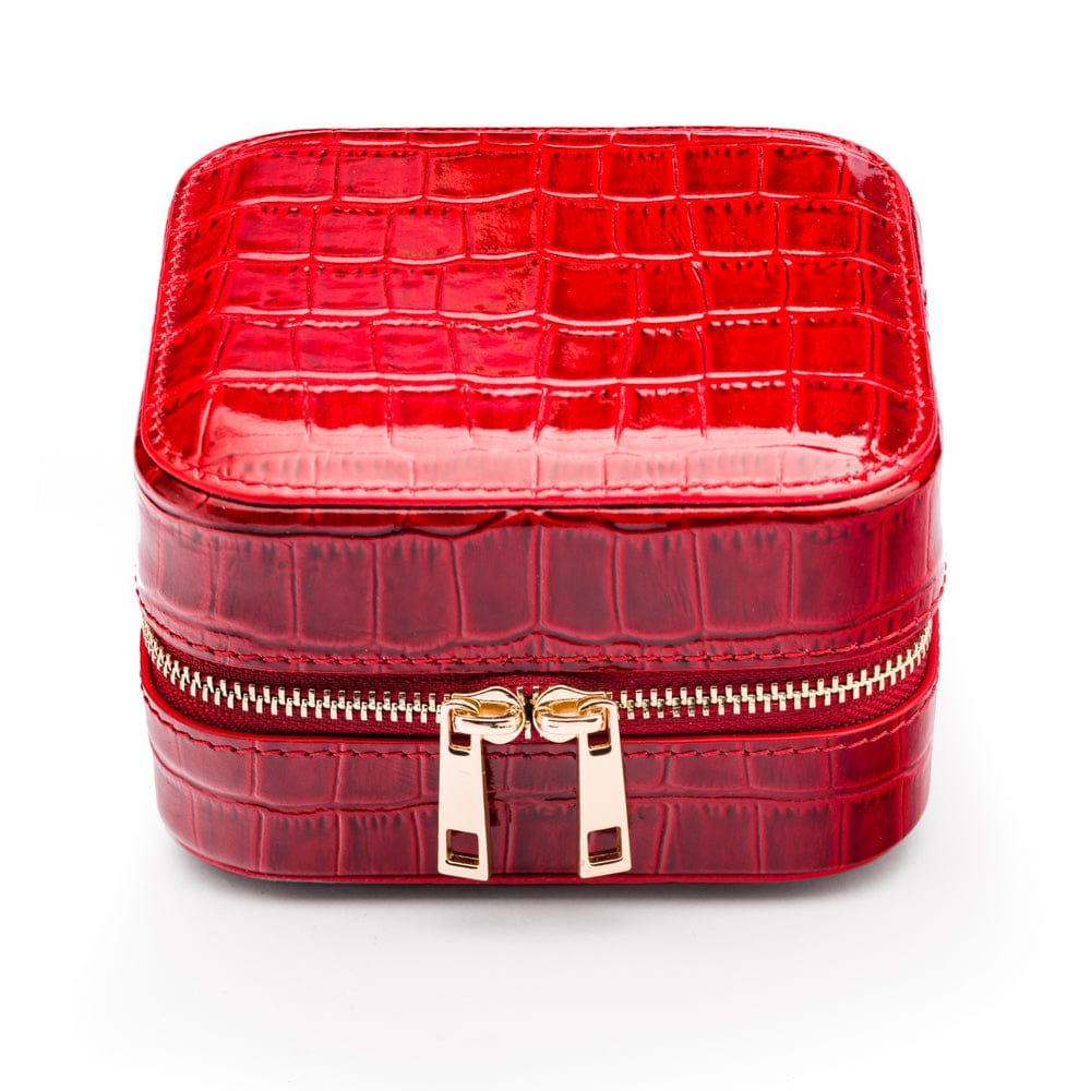 Leather travel jewellery case with zip, red croc, front view