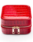 Leather travel jewellery case with zip, red croc, front view