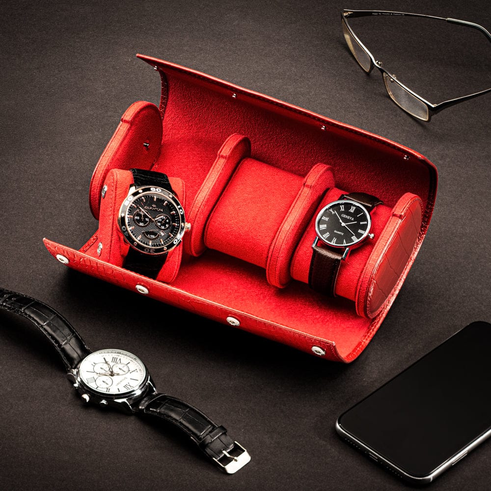Triple watch roll, red croc, lifestyle