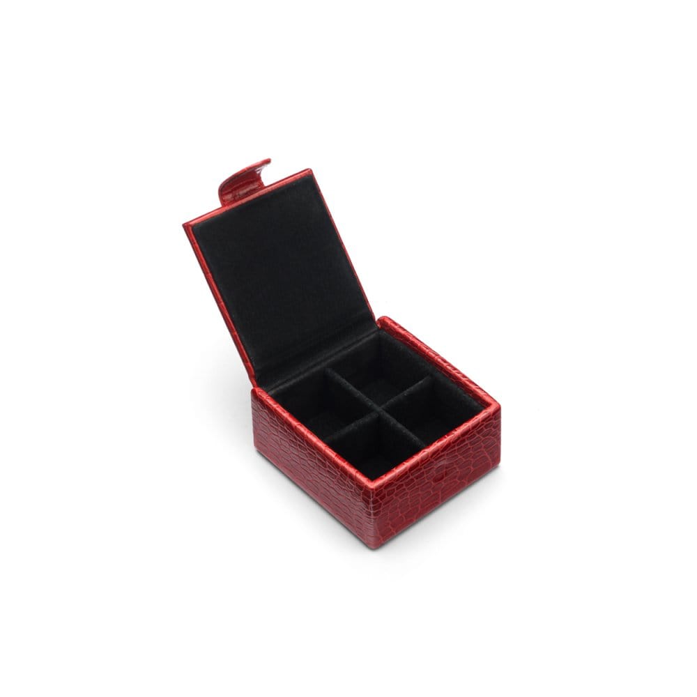 Leather jewellery box, red croc, inside