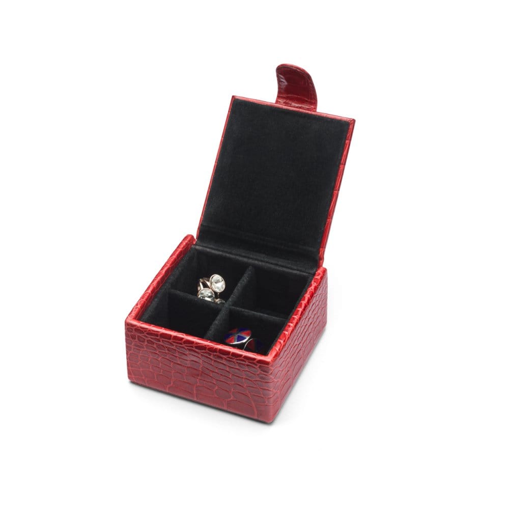 Leather jewellery box, red croc, open