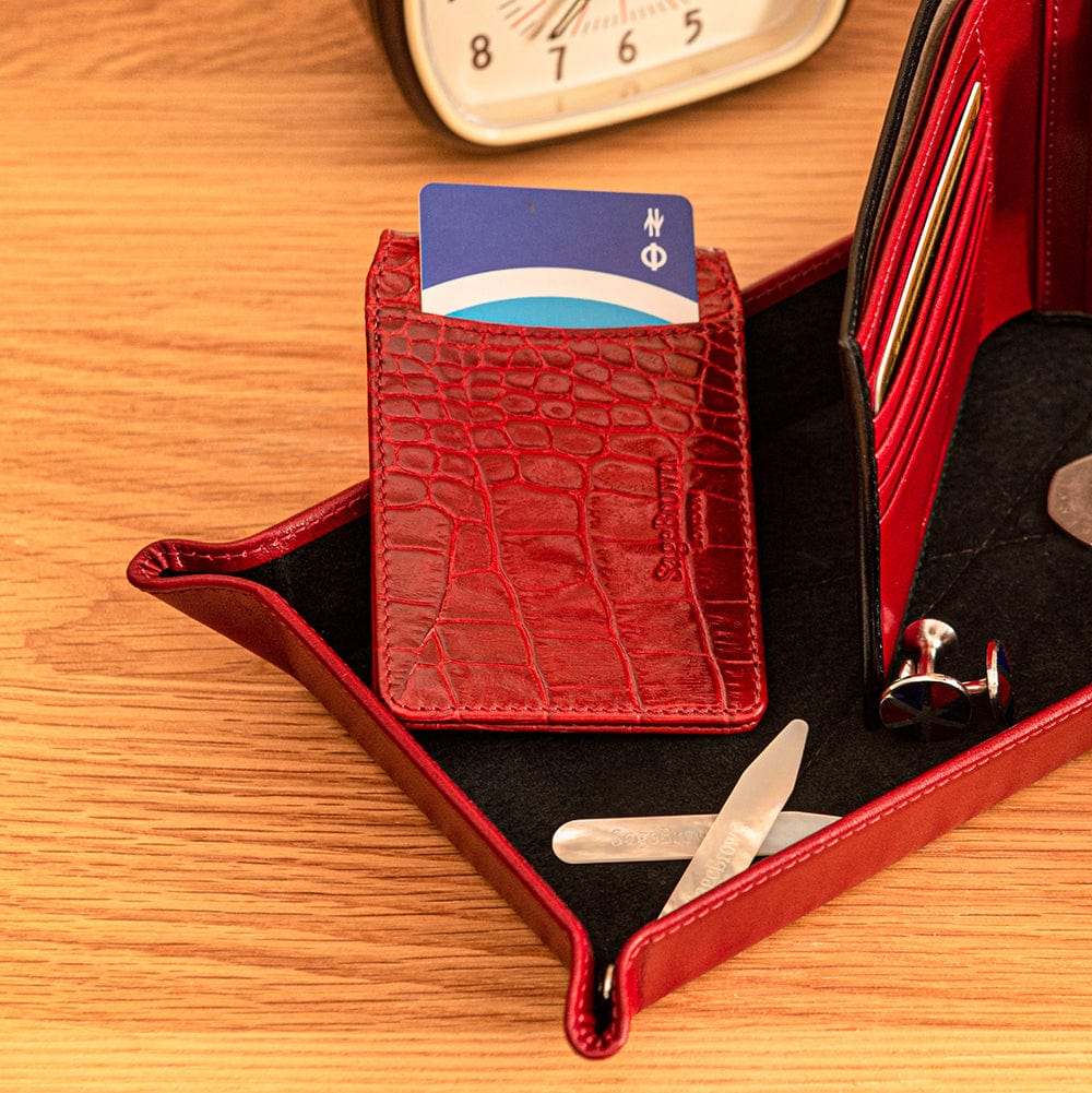 Leather Oyster card holder, red croc, lifestyle