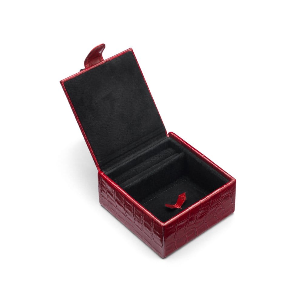 Compact leather jewellery box, red croc, inside