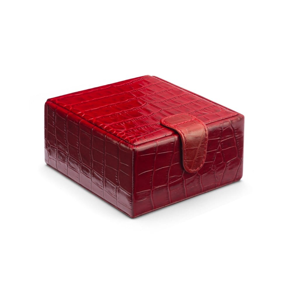 Compact leather jewellery box, red croc, front