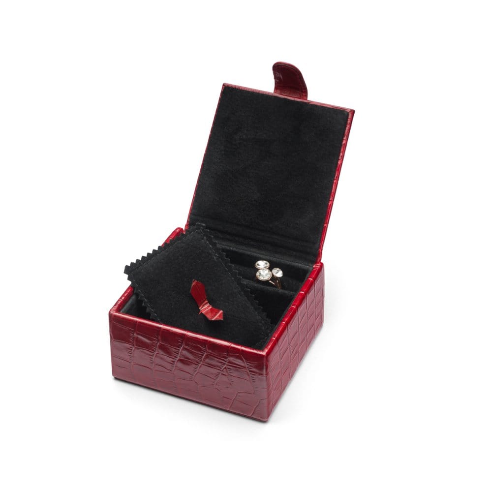 Compact leather jewellery box, red croc, open