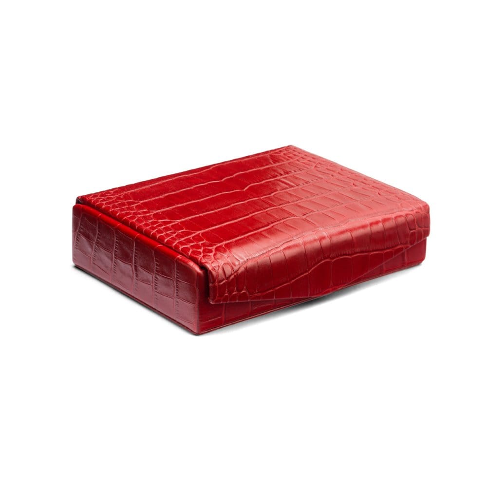 Luxury leather jewellery box, red croc, front