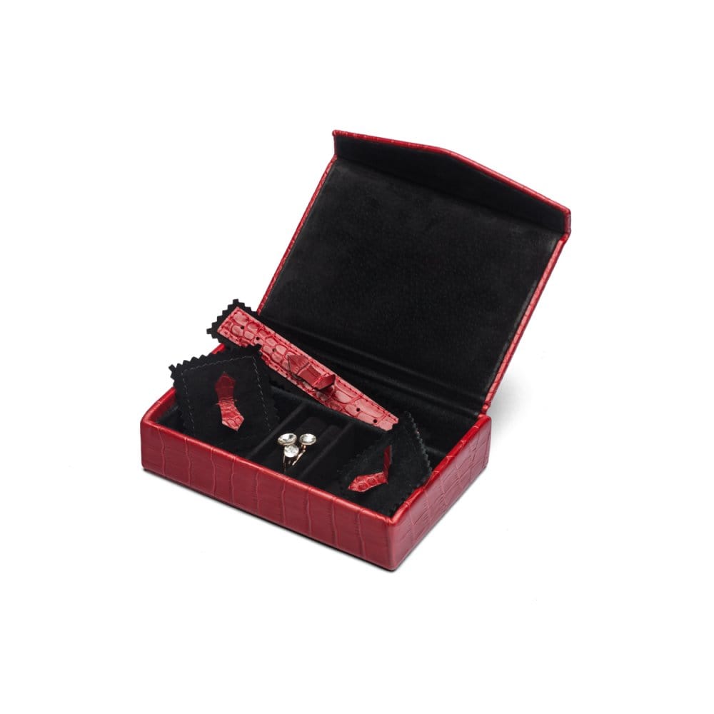 Luxury leather jewellery box, red croc, open