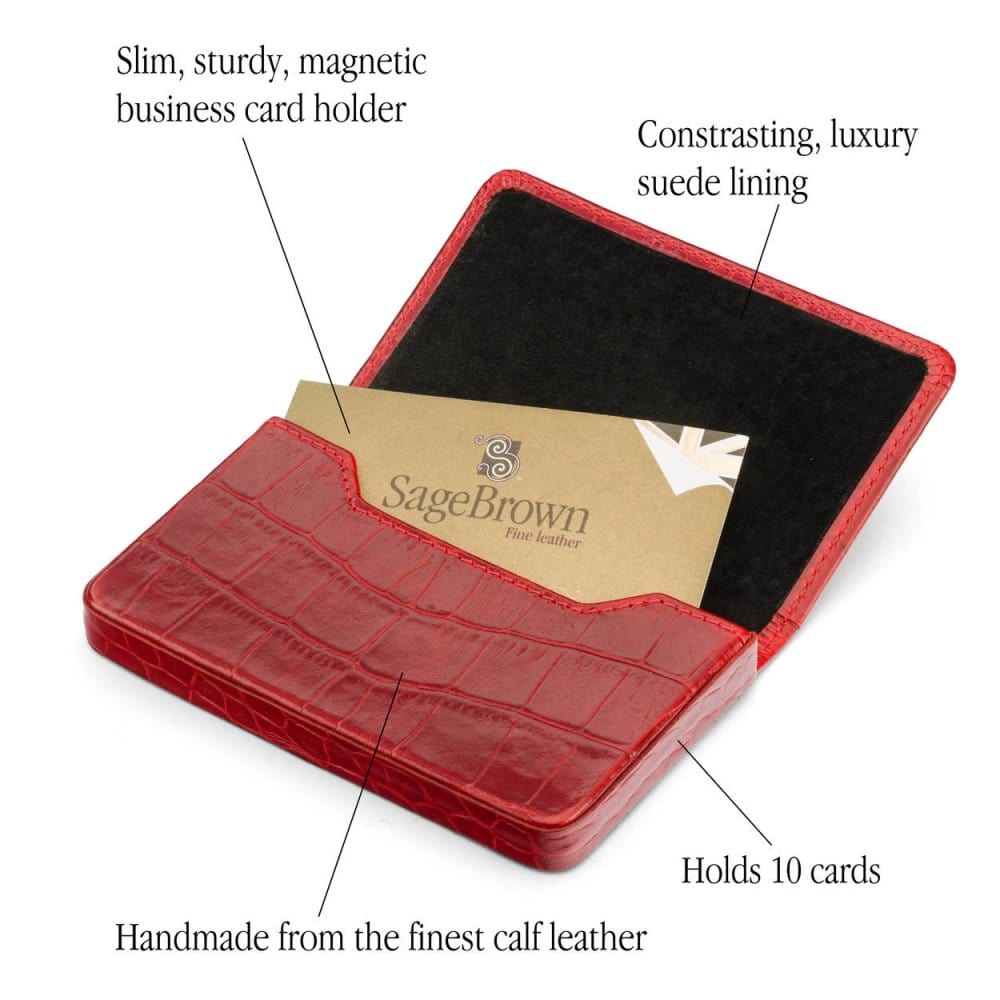 Leather business card holder with magnetic closure, red croc, features