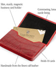 Leather business card holder with magnetic closure, red croc, features